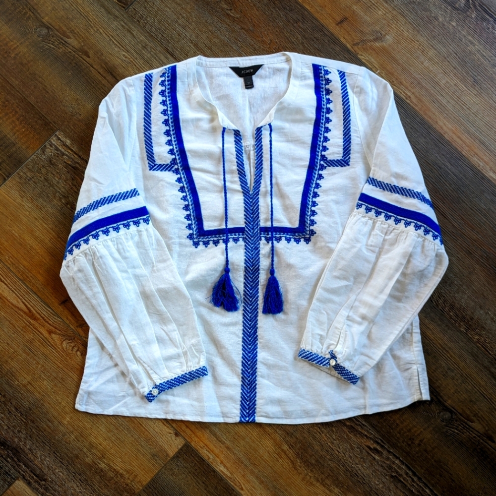 Size 12 J.Crew Embroidered Linen Cotton Boho Tassel Top